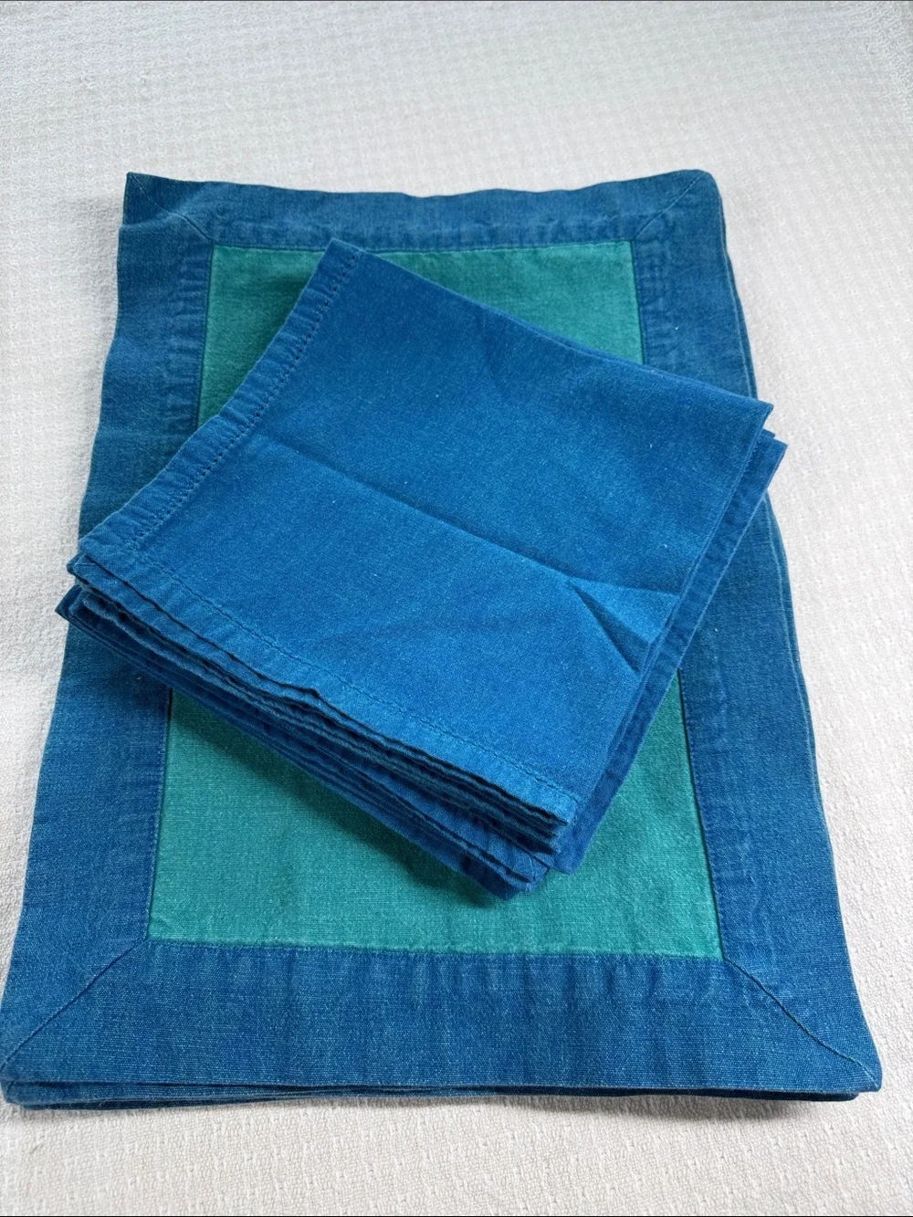 Blue and teal color block placemats with blue napkins 100% cotton made in India